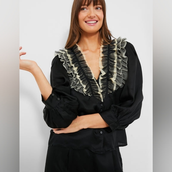 NWT THE GREAT. Black with Cream The Ruffled Tuxedo Top - Picture 1 of 11